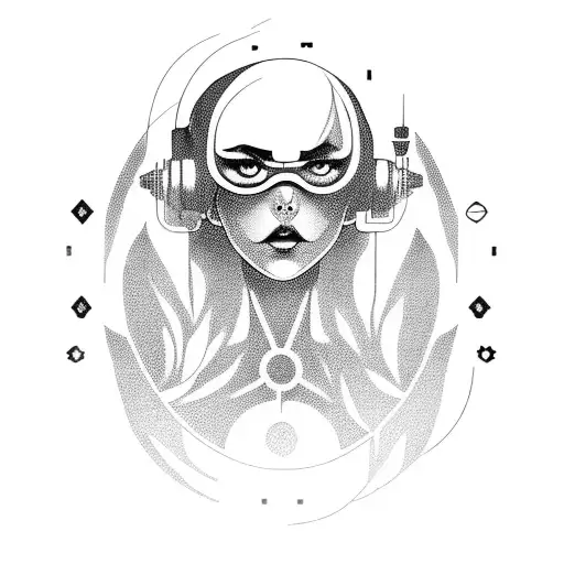 cyberpunk inspired girl poking out of fire tattoo design idea