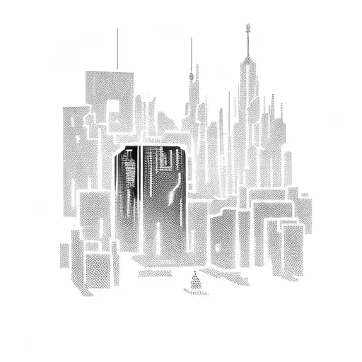 A cyberpunk-inspired blackwork tattoo of a futuristic cityscape with neon lights and a silhouette of a cat in the foreground tattoo design idea