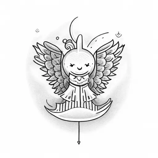 "Wind me up, Let me go" written in the clouds with a small angel tattoo design idea