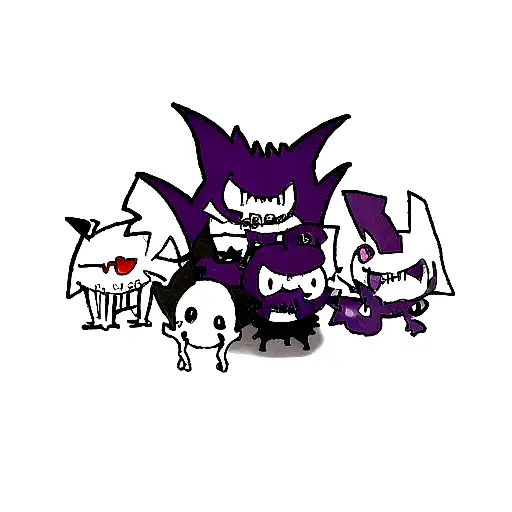 Pokemon Ghastly, Haunter and Gengar as a group of three slightly melting with their skeletons sticking through tattoo design idea