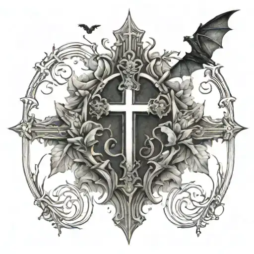 I want a cross (The Dark Lotus Cross) with bats flying across and with the roman numerals XII・XXIV・MMXXII tattoo design idea