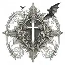 I want a cross (The Dark Lotus Cross) with bats flying across and with the roman numerals XII・XXIV・MMXXII tattoo design idea
