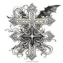 I want a cross (The Dark Lotus Cross) with bats flying across and with the roman numerals XII・XXIV・MMXXII tattoo design idea
