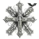 I want a cross (The Dark Lotus Cross) with bats flying across and with the roman numerals XII・XXIV・MMXXII tattoo design idea