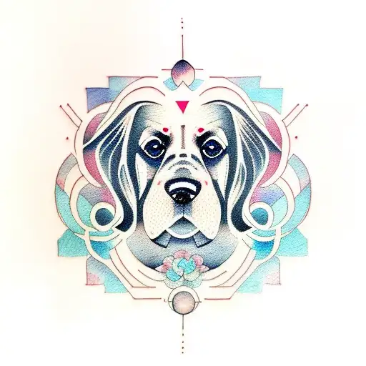 tattoo of a cocker spaniel dog with lyra constellation, fine lines, geometric, minimalist shape with watercolor tattoo design idea