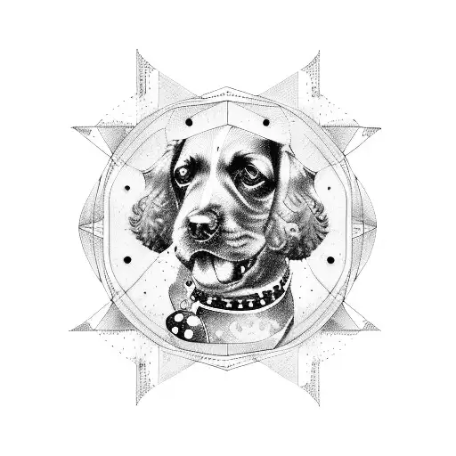 tattoo of a cocker spaniel dog with lyra constellation, fine lines, geometric, minimalist shape with watercolor tattoo design idea