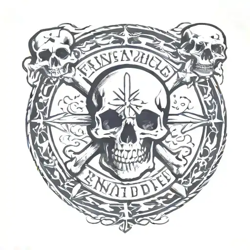 inscription in a circle: Friend equals enemy in the end. And the end result is one. Cross and skull tattoo design idea