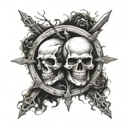 inscription in a circle: Friend is equal to enemy in the end. But the result is the same. Cross and skull tattoo design idea