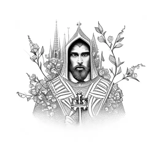 A chess king holding a bouquet of jasmine flowers with a gothic church in the background tattoo design idea
