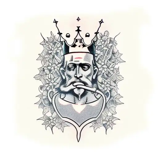 A gothic-style king chesspiece surrounded by overgrown jasmine vines tattoo design idea