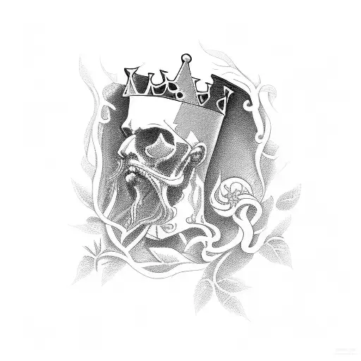 A gothic-style king chesspiece surrounded by overgrown jasmine vines tattoo design idea