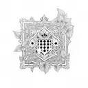 A gothic-style chessboard surrounded by overgrown jasmine vines tattoo design idea