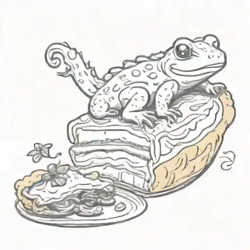 Happy cartoon salamander sleeping on top of a pie tattoo design idea