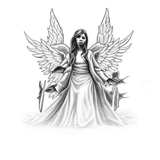 A powerful angel protecting a preacher from a horde of demons tattoo design idea