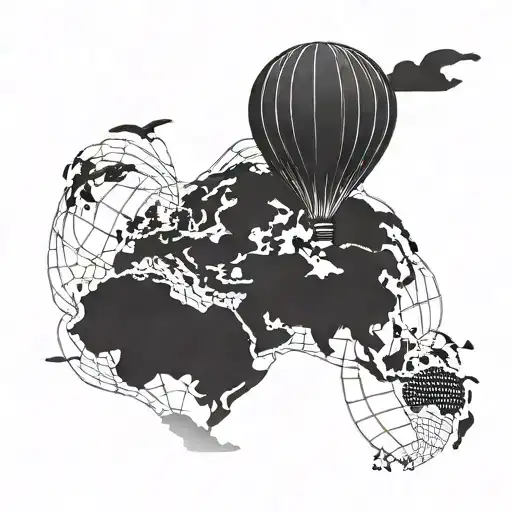 A silhouette of a hot air balloon flying over a world map, symbolizing a love for travel tattoo design idea