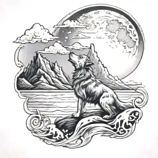 An artistic tattoo of a dog howling at the moon, set against a backdrop of towering mountains and a dark ocean tattoo design idea