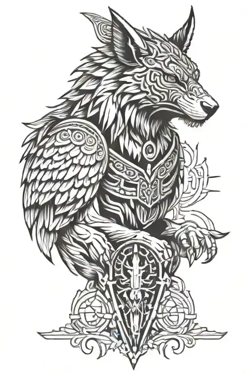eagle Anubis tiger surrounded tattoo design idea