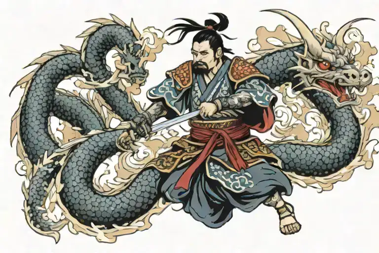 japanese samurai warrior that has an air aura battling a dragon breathing fire  tattoo design idea