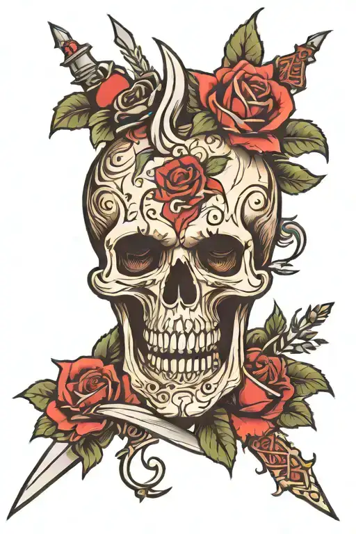skull dagger rose tattoo design idea