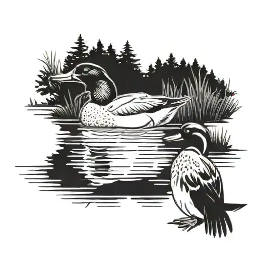 Duck pond with mallard duck on it and eastern white pine  tattoo design idea