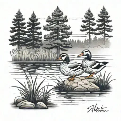 Duck pond with mallard duck and eastern white pine trees tattoo design idea