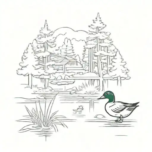 Duck pond with mallard duck and eastern white pine trees tattoo design idea
