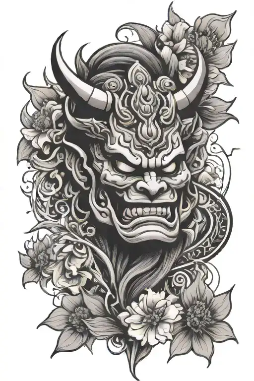 tattoo sleeve sketch in graphic style with a Japanese oni mask and flowers tattoo design idea