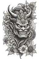 tattoo sleeve sketch in graphic style with a Japanese oni mask and flowers tattoo design idea