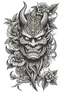 tattoo sleeve sketch in graphic style with a Japanese oni mask and flowers tattoo design idea