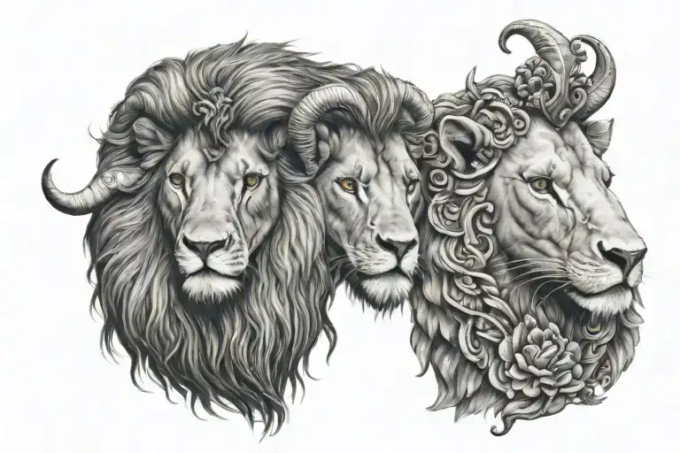 ram and lion side by side hearts tattoo design idea
