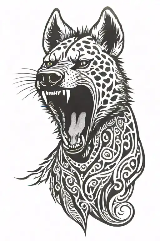 hyena head with open mouth and some fire tattoo design idea