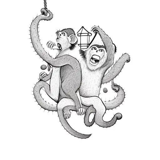 A playful illustration of a monkey swinging on a cactus in a desert tattoo design idea