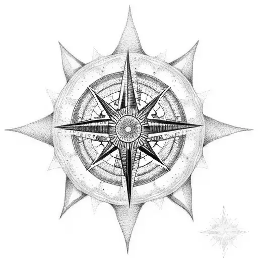 A dotwork tattoo of a compass rose surrounded by intricate patterns inspired by Icelandic nature and wildlife tattoo design idea