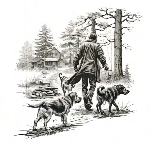 man walking away into woods with 2 dogs tattoo design idea