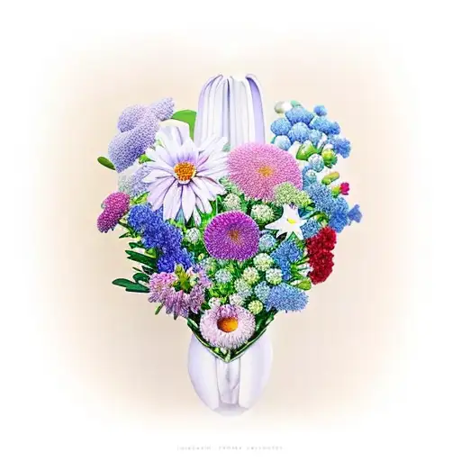 red chrysanthemum, blue larkspur, yellow narcissus, and white lily of the valley tattoo design idea