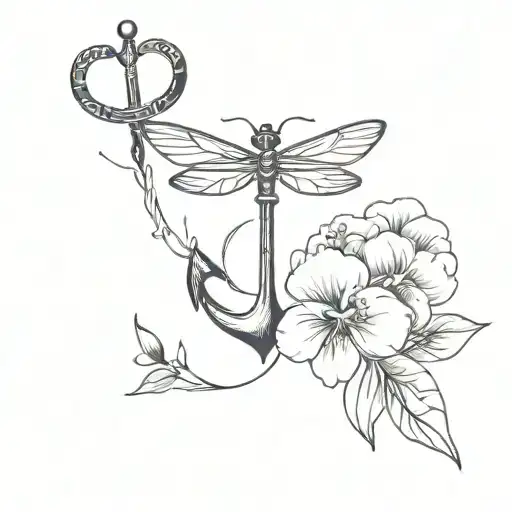 navy anchor with dragonfly and pansy flowers tattoo design idea