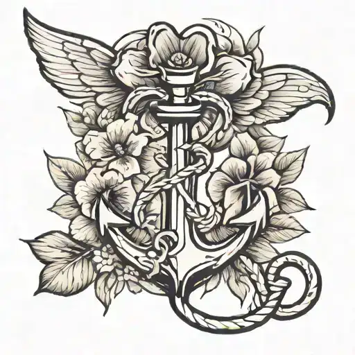 navy anchor with dragonfly and pansy flowers tattoo design idea