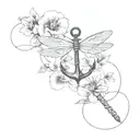navy anchor with dragonfly and pansy flowers growing tattoo design idea