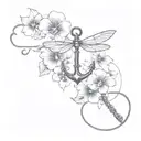 navy anchor with dragonfly and pansy flowers growing tattoo design idea