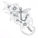 navy anchor with dragonfly and pansy flowers growing tattoo design idea