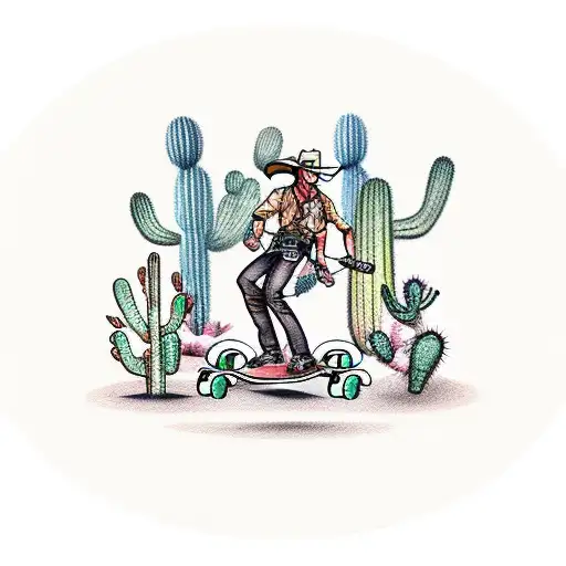 A traditional tattoo design showcasing a cowboy riding a skateboard surrounded by cacti and desert scenery. tattoo design idea