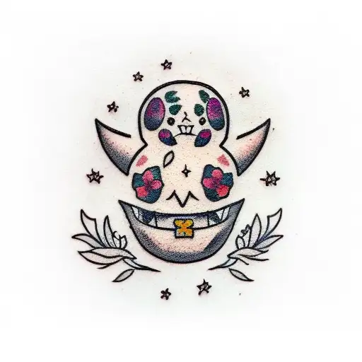 A traditional tattoo design showcasing a Mimikyu surrounded by floral patterns. tattoo design idea