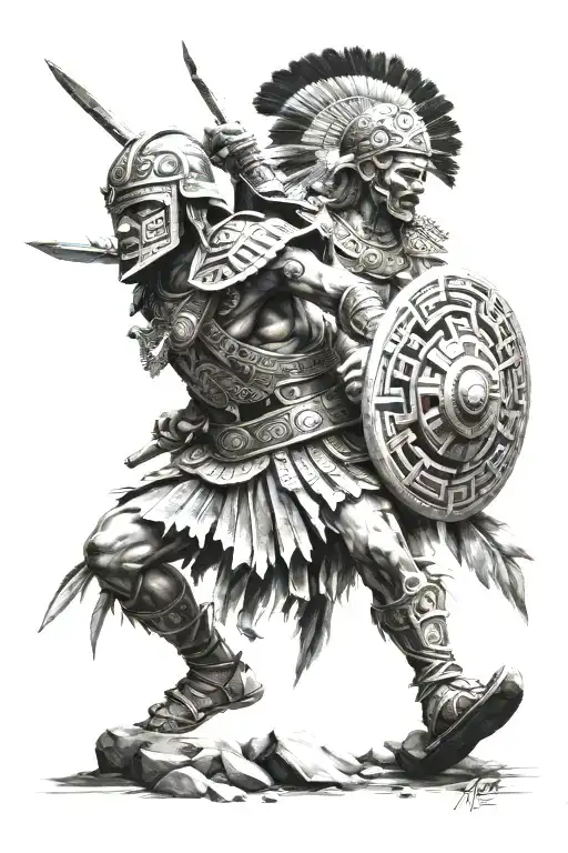 Spanish soilder fighting aztec warrior tattoo design idea