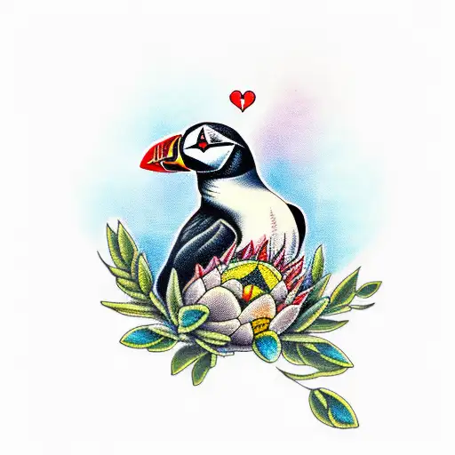 puffin with protea tattoo design idea