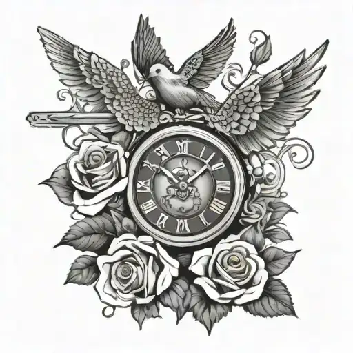 clocks and roses with dove flying tattoo design idea