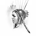 Gladiator in front of stairs that go into a girl's hand and a girl's face appears at the top of the stairs tattoo design idea