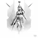 Gladiator in front of stairs that go into a girl's hand and a girl's face appears at the top of the stairs tattoo design idea