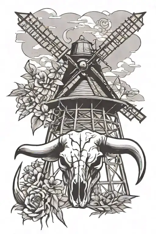 bull skull and Australian farm windmill tower tattoo design idea