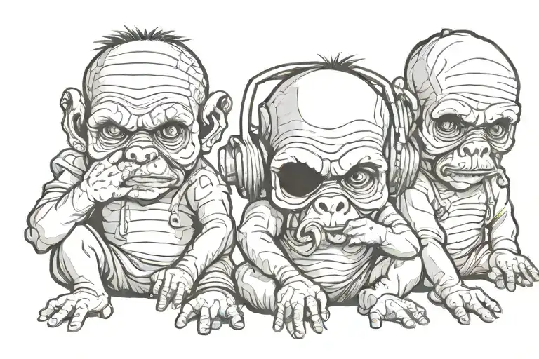 see no evil hear no evil speak no evil, 3 babys in gangster concept tattoo design idea