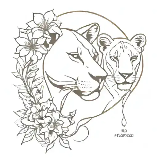 flowers, lioness, girl taking off a mask, path to be traveled, abstract, sand timer, paw prints hidden in,  tattoo design idea
